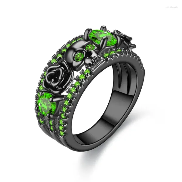 Com pedras laterais Punk Skull Ring Women Black redonda vermelha azul verde Zircônia cúbica de Natal