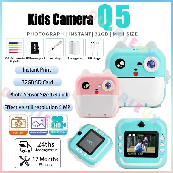 Q5 Câmera infantil Câmera instantânea Imprimir Po Mini Câmera de vídeo digital para crianças Imprimir papel térmico 32G TF Card Toys Educacional Presente 240327
