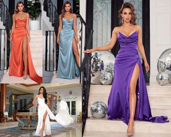 Parti Elbiseleri Kadınlar Straplez Uzun Gece Elbise Saten Yan Yardımcı Düğün için Seksi Prom Elbisesi Özelleştirilmiş Vestidos De Gala Robe Soiree