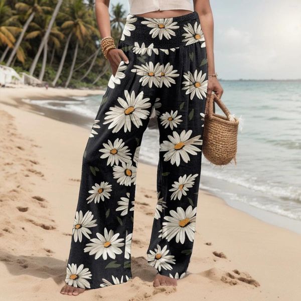 Calças femininas estampa floral casual mulheres soltas pernas largas elásticas de cintura alta e respira de luta de tração de tração atlética de praia