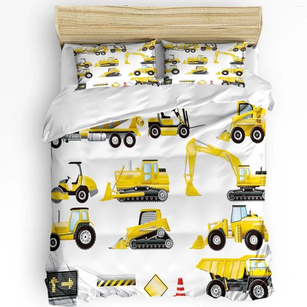 Bettwäschessätze Baggerauto Fahrzeugstraßenschild 3PCS SET für Schlafzimmer Doppelbett Heimattee Textil Bettdecke Quilt Kissenbezug