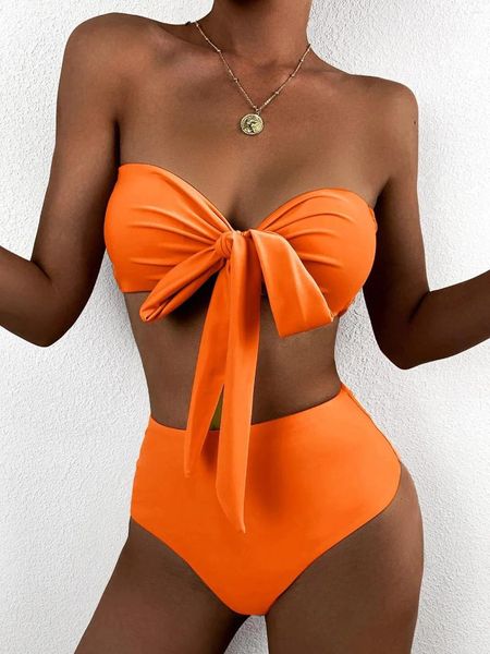 Frauen Badebekleidung Knoten vorne Bandeau High Taille Bikini Badeanzug Frauen zweiteiliger Sommer Beach Badeanzug