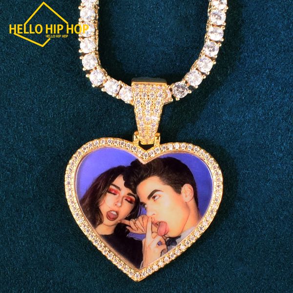 Hallo Hip-Hop Custom Heart Love Form Photo Halskette Kette Machen Sie Medaillons Anhänger fester Rücken eine Reihe Zirkon für Männer Frauen Hip Hop Schmuck