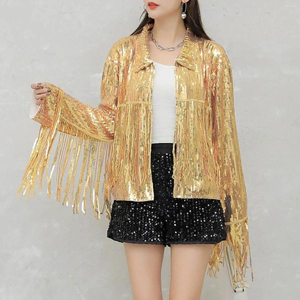 Casaco de lantejoulas de jaquetas femininas com borla de borla, Fringe Fringe Shiny Club Jacket Stuthewear Singers Realize roupas de palco alt y2k roupas