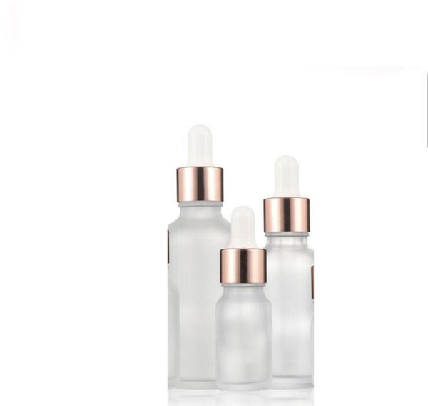 Großhandel günstiger Preis 10 ml 15 ml 30 ml 50 ml kosmetische Kosmetikfroster ätherisches Öl Glass -Tropfenflaschen mit Roségold -Tropfen Cap SN3265 Zz