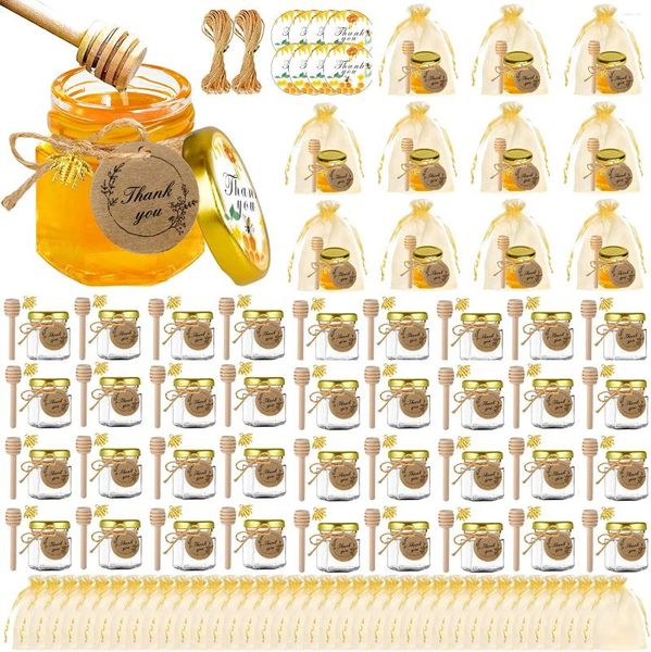 Garrafas de armazenamento Produtos de mel hexágono com cobertura dourada de díper sacos de presente pendente corda de agradecimento tags tampas de vidro chá de bebê