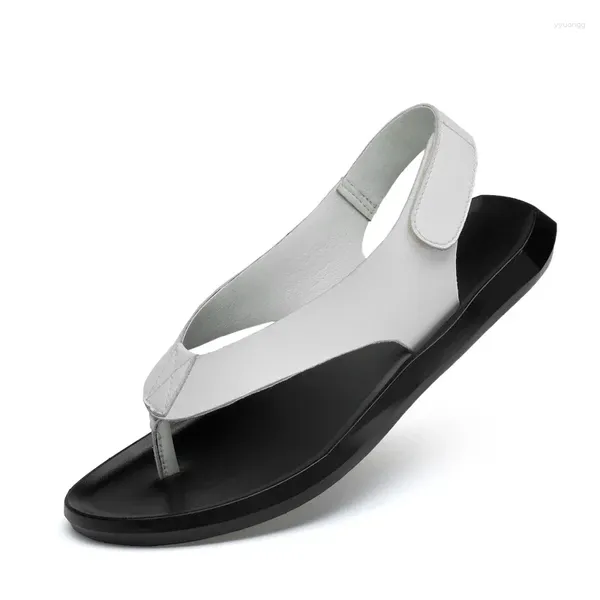 Flipers de alta qualidade de couro genuíno sandálias masculinas soas respiráveis e não deslizantes casuais homens brancos de praia