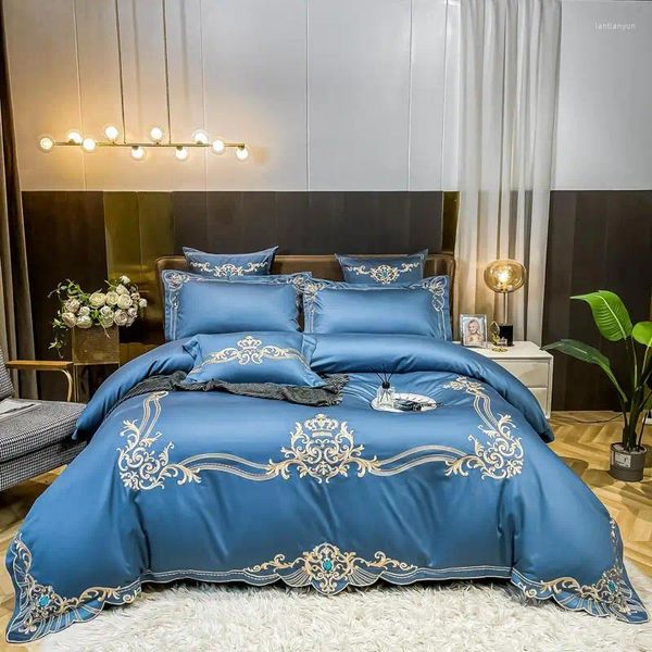 Bedding Sets White Luxury European Royal Gold Bordado 60s Cetin Silk Algodão Conjunto de edreca de plata