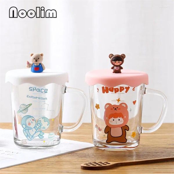 Becher hitzebeständiges Glas Frühstück Milk Juice Kaffeetasse transparent niedliche Cartoon Teetasse mit Deckel und Skala Bürogetränk 300 ml