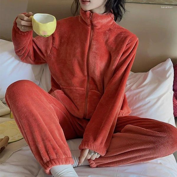 Home Clothing Casual Winter Plüsch Pyjama Set Women Full Ärmel Tops Long Hosen Flanell Pyjama warmes weiches niedliches Hauswarenanzug Pijama Mujer