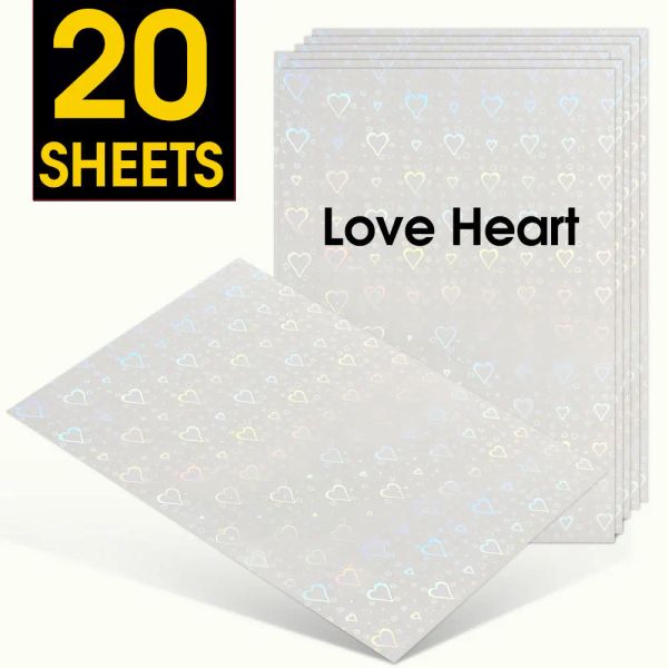 Kağıt 20 Sheets Holografik Sticker Film A4 Self -Yapışkan Aşk Kalp Soğuk Laminasyon Filmi Su Geçirmez DIY Paket Renk Kart Fotoğraf Filmi