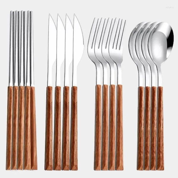 Conjuntos de utensílios de jantar 12-16pcs imitação de madeira de madeira conjunto de talheres de aço inoxidável faca de faca de faca colheres de talheres ocidentais talheres ocidentais