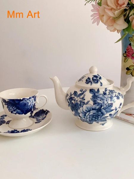 Kupalar retro tarzı mavi sır ve beyaz seramik pot kahve seti çaydanlık bardağı