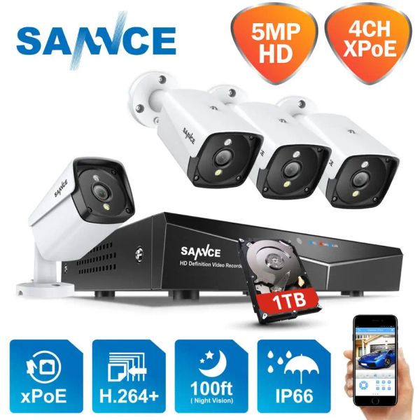 Sistema Sannce 4CH 5MP XPOE Vídeo Sistema de Segurança de Vídeo 4PCS 5MP Kit de vigilância sem fio de câmera sem fio IP da câmera de visita à prova d'água 5MP