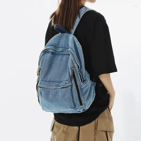 Backpack Mulheres jeans unissex algodão zíper casual vintage de alta capacidade de viagem de alta qualidade