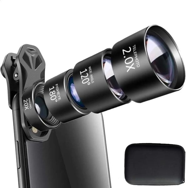 4in1 lenti per fotocamera del telefono Kit180 ° Fisheye ad angolo largo 120 ° 2x Telepo 20X Macrozoom Lens per la fotocamera del cellulare mobile 30 240327