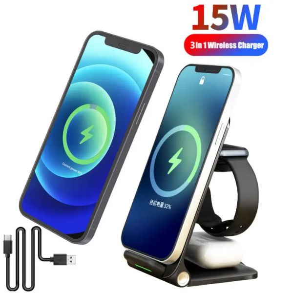 Ladegeräte 15W Qi Wireless Ladegerät 3 in 1 Fast Ladedockstation für Apple Watch 7 6 5 iPhone 13 12 AirPods Pro Ständer für Samsung