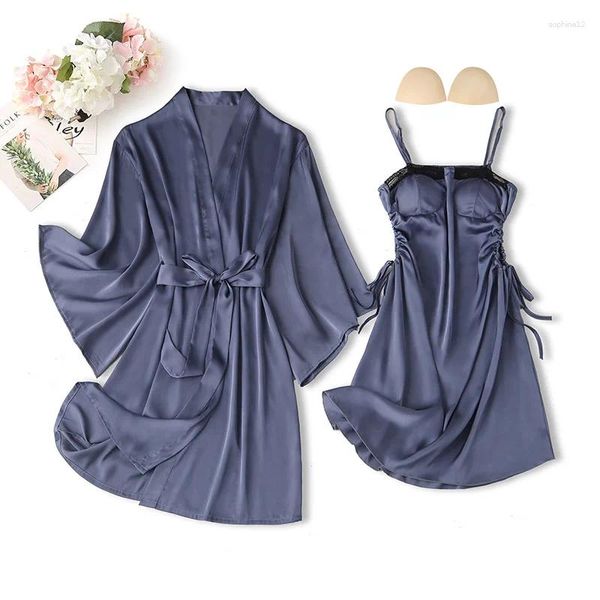 Roupas em casa Twinset Lady Bathrobe Terne Terno Rayon Nightgown Sleepwear Robe Lingerie Lingerie Women Elegant Loose Kimono Loungewear