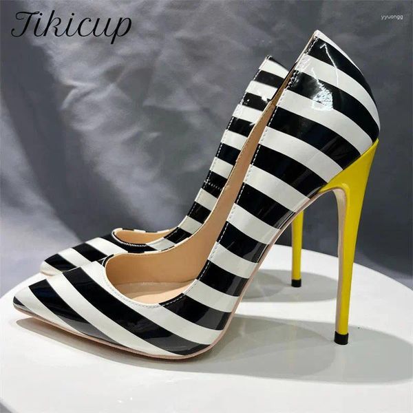 Elbise Ayakkabı Tikicup Siyah Beyaz Stripes Baskı Kadınlar Sarı Topuklu Sivri Toe Stiletto Pompalar 8cm 10cm 12cm Yüksek