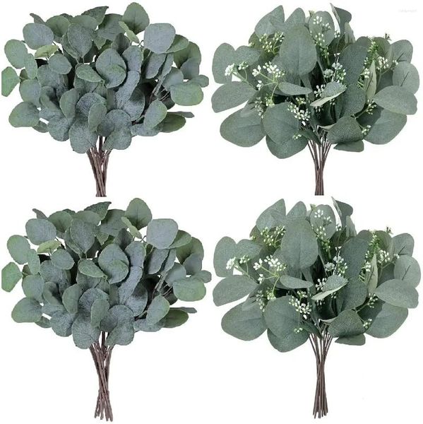 Dekorative Blumen 5pcs künstliches Eukalyptus verlassen grüne Stiele mit Frost für Vase Home Party Hochzeitsdekoration Outdoor DIY Blumenwand