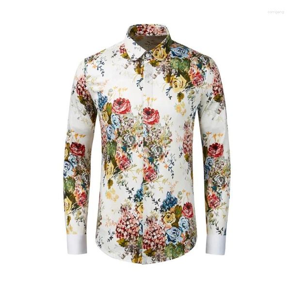Camisas casuais masculinas 2024 Produto de outono/inverno Big Flower Digital Impresso Camisa bem confortável de moda de topo
