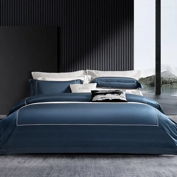 Bettwäsche Sets 1500TC Egyptisch Baumwollgrau Blau Blaues Luxus -Set Weiche seidige weiße Streifenstreifen -Bettdecke Bettlaken 2 Kissenbezüge 4pcs