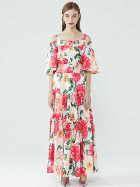 Sıradan elbiseler tasarımcı ilham moda yaz kadın çiçek baskı elbise spagetti kayış tatil bohem uzun maxi 2024