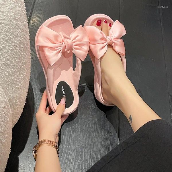 Pantofole rosa big bowknot a cuneo infradito per donne estate 2024 piattaforma spessa unica non slip spiaggia sandalias de mujer