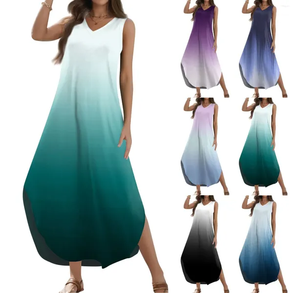 Lässige Kleider Frauen 2024 Sommerkleid Loose Sundress Lange einfache, gedruckte ärmellose v Hals geteiltes Hemd Maxi Ropa de Mujer