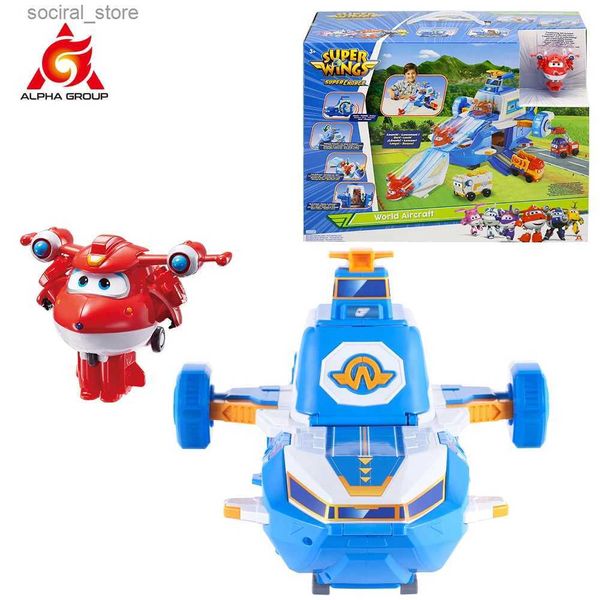 Figuras de brinquedo de ação Super Wings S4 Base de movimentação de ar com luzes Playset de aeronaves mundiais de som inclui 2 Jett Transforming Bots Toys for Kids Presente L240402