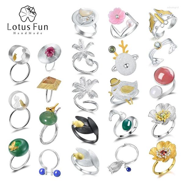 Ringos de cluster Lotus Fun 18k Cocos de coco de ouro Trees Bird Kite Ajustável para mulheres Real 925 Sterling Silver por atacado de jóias de namoro