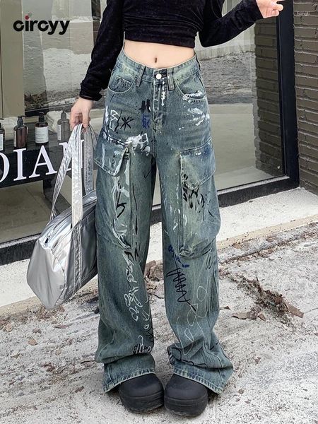 Женские джинсы Гигии синие мешковаты для женской главной улицы нарисовали больше, чем карманные грузовые брюки с широким карманом, мода прямые брюки