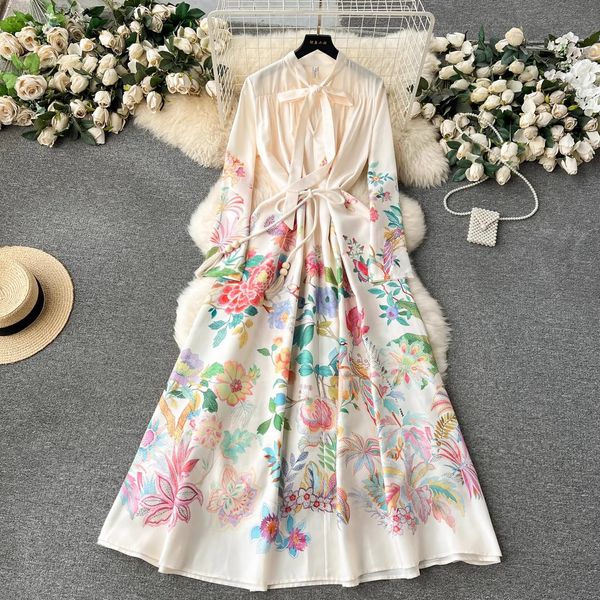 Grundlegende lässige Kleider 2024 Elegante wunderschöne Blumen böhmische Kleiderinnen Frauen Bogenkragen langer Laternenhülsen floraler Druckgürtel Leine Vestidos Kleidung