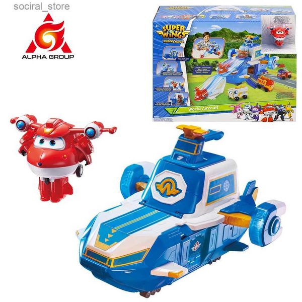 Action Toy Figures Super Wings S4 World Aircraft Playset Air Moving Base with Lights Sound include 2 jett che trasformavano giocattoli robot per bambini regali L240402