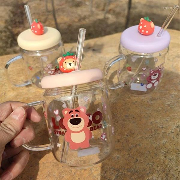 Weingläser dreidimensional Puppenstudent Wasser Tasse Erdbeerbär Borosilikat Glasmilch Kaffee Silikonschnalle Abdeckung Strohgriff
