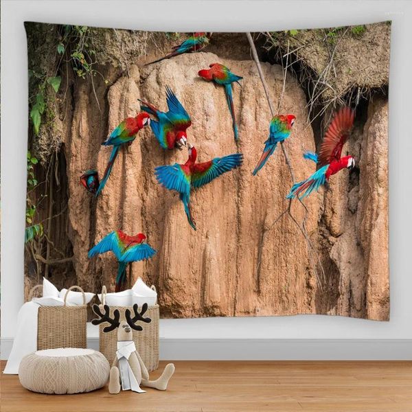 Taquestres nórdicos coloridos lindos pássaros de papagaio de tapeçaria parede pendurada na sala de ficção científica boêmia