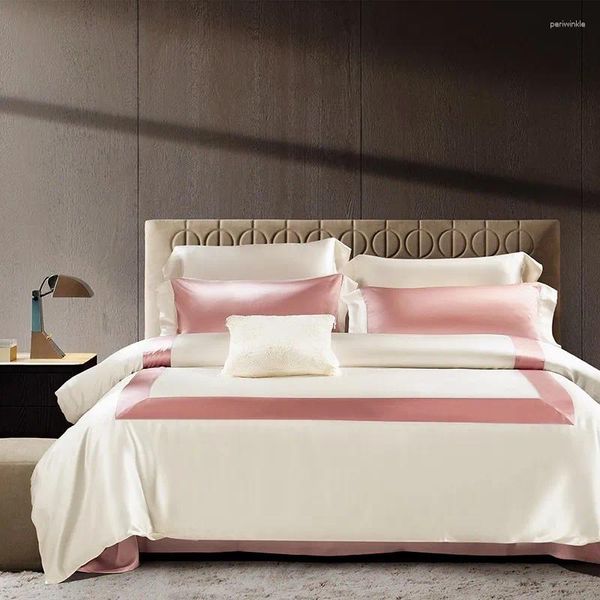 Set di biancheria da letto 22 mm seta gelso premium rosa bianco patchwork Beddingset bordo del pizzo Coperchio copripiumino fresco foglio di letti traspirante federa