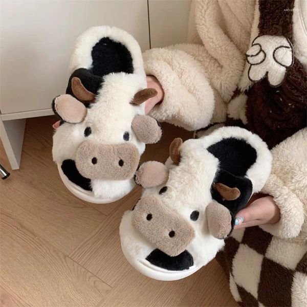 Slippers feerldi preto branco fofo de vaca laticínios Homens, homens, crianças deslizam em lâminas de animais, sapatos de algodão quente e peludos de algodão quente