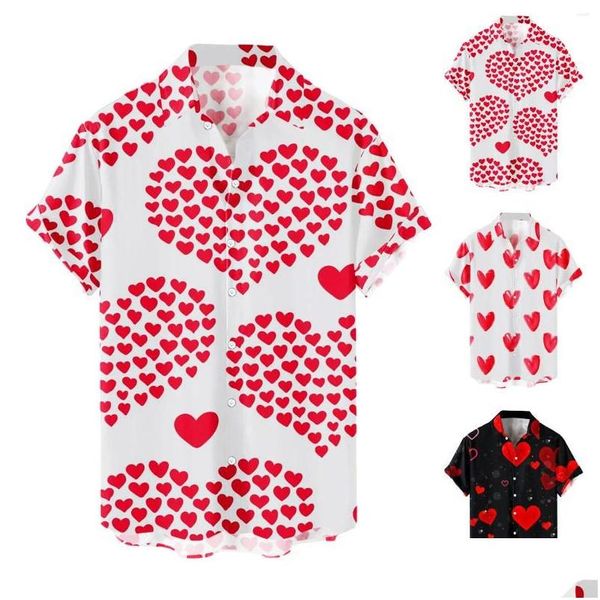 Herren T-Shirts Herren T-Shirts Herz Liebe Punkte Print Männer Hemd Sommer Kurzarm Bluse Knopf Weiß Valentinstag Kleidung Party Socia Dhjb5