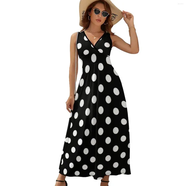 Sıradan Elbiseler Siyah ve Beyaz Polka Dot Baskı Elbise Modern Sanat Vintage Maxi Yaz Sokak Moda Bohemia Uzun