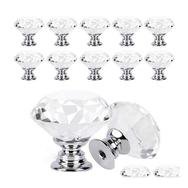 Handles Puxa Transparente 30mm Delicado Crystal Glass Knobs Cupboard Pls Forma de diamante Design Der Cozinha Mobiliário Drop Del Del Dht2f