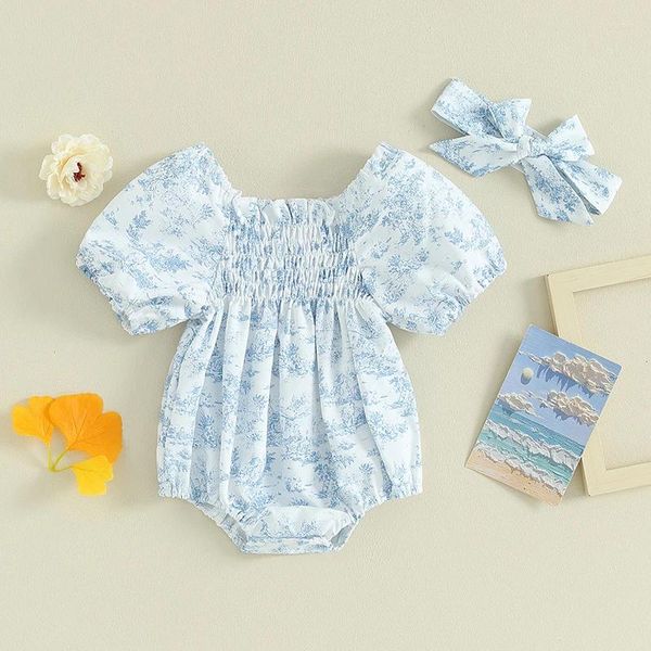 Set di abbigliamento per bambine stampa floreale manica a soffio di tute estive con fascia 2 pezzi impostati per neonati 0-12 mesi