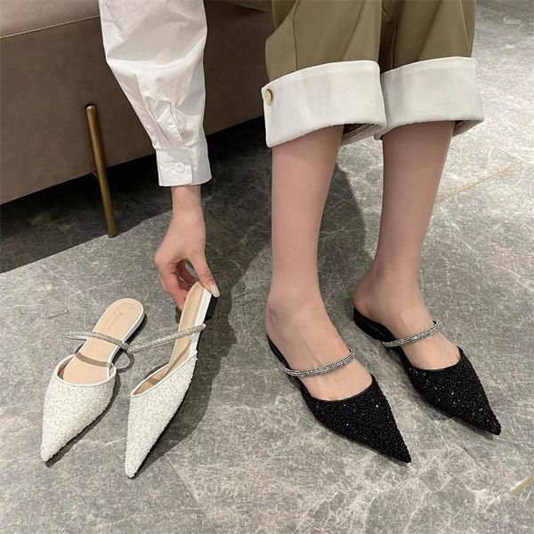 Pantofole puntate donne di punta di strasspassli infradito alla moda flip piatti tacco nero di cristallo bianco scarpe scarpe da donna donna