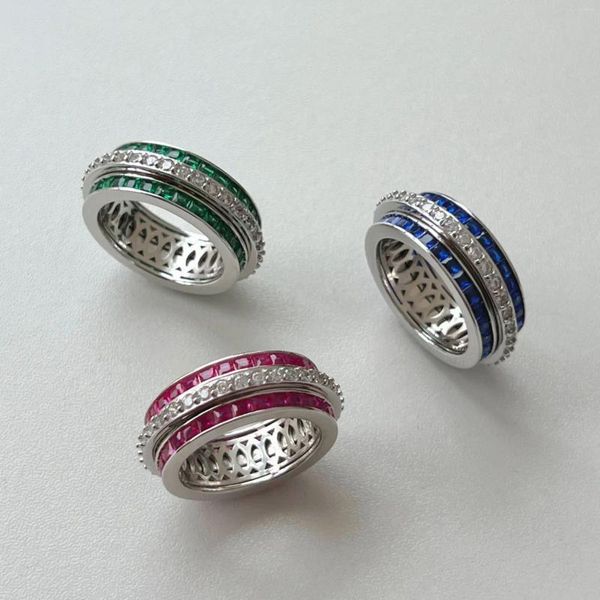 Ringos de cluster S925 STERLING SLATER FULL DIAMENTO ANEL PARA MULHERES COM NANO COLOR ZIRCON ROTAÇÃO DE ENGRENAGEM DE ENGRENAGEM