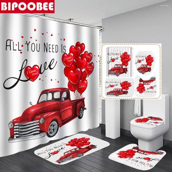 Duschvorhänge Red Truck Love Ballon für Badezimmer Dekor Toilettenabdeckung Nicht-Schlupfteppiche Badematte wasserdichte Stoff Badewanne Vorhang