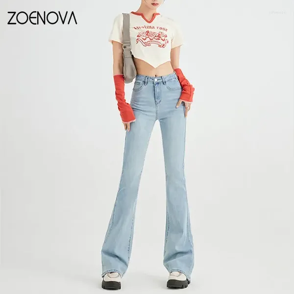 Jeans femminile zoenova 2024 streetwear donna ad alta vita con pantaloni di cotone flare casual a piena vera e propria abiti da donna a figura