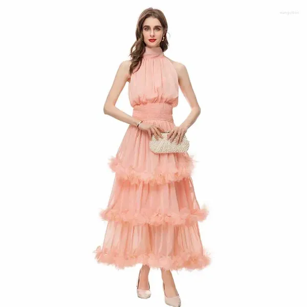 Lässige Kleider Landebahn süße Oliven Taille Blumenkuchen Chiffon Weste Kleid lang 240217mz02