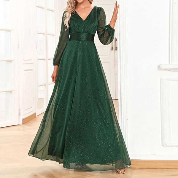 Abiti casual Donne Donne eleganti Maxi Evening Dress Abito Shiny Soludo Solido in pizzo Sust Up Vintage Vine a V-Lantern Lantern Wleeve Party Vestidos