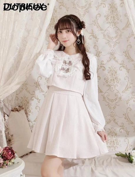 Lässige Kleider japanischer Stil Frühling Süß süßes Lotus Blatt Bogenkleid Langarm Dollkragen Elastische Taille Kawaii kurz