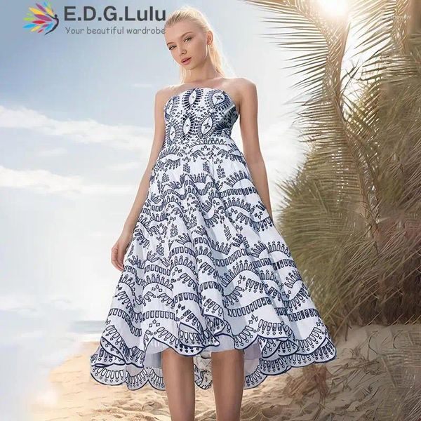 Vestidos casuais edglululu sem alças bordados holloider impressão azul luxo mulheres 2024 praia férias sem mangas vestido longo sem costas 0316